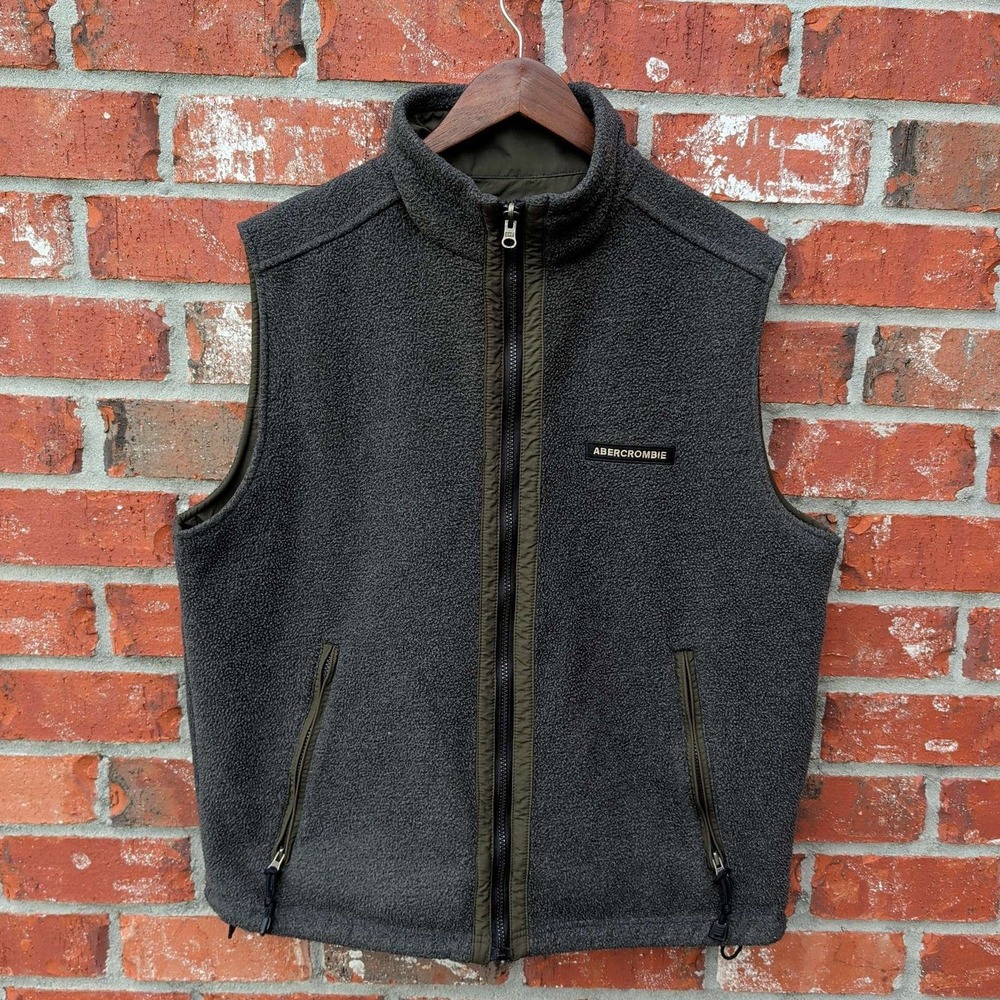 Abercrombie & Fitch Reversible Vest‎ Mens L Grey Olive Green Fleece Nylon
